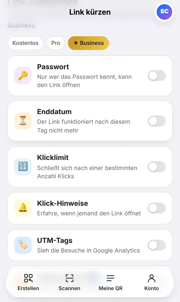 Die Liste Link-Funktionen mit Schaltern für Passwort, Enddatum, Klicklimit, Klick-Hinweise, UTM-Tags und Eigenes Ende