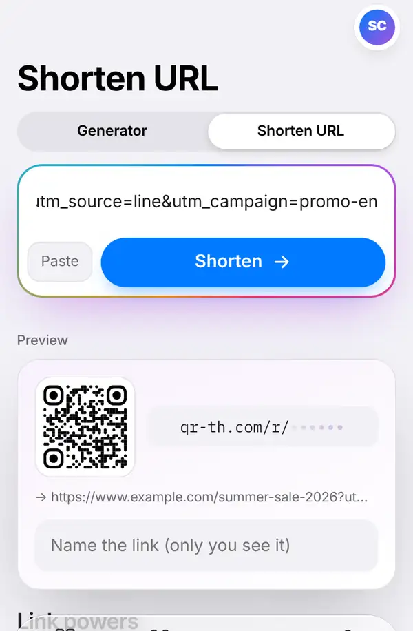 The Shorten URL screen with a long link pasted, the Paste and Shorten buttons, and a preview with a name box
