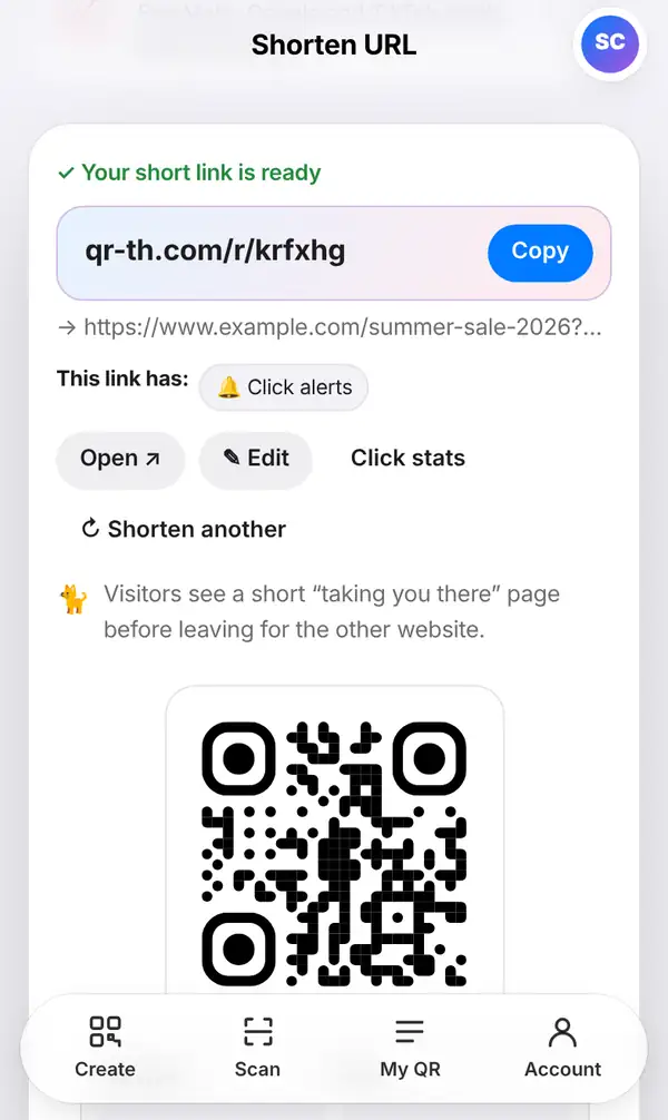 The result screen saying Your short link is ready, with the Copy, Open, Edit and Click stats buttons and the QR code below