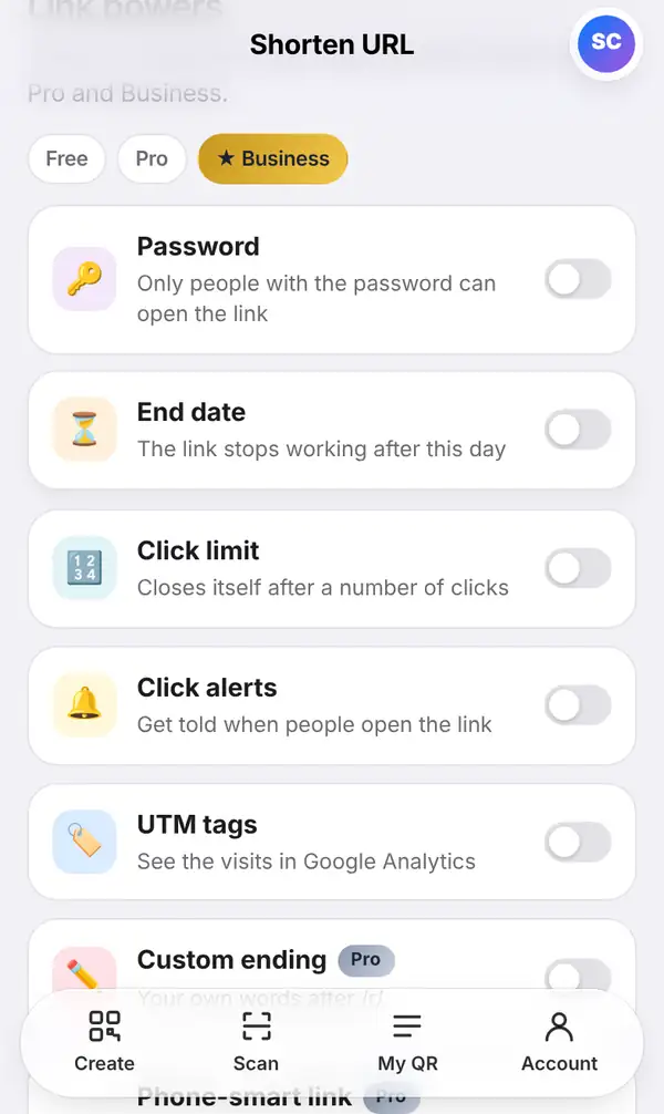 The Link powers list with switches for Password, End date, Click limit, Click alerts, UTM tags and Custom ending