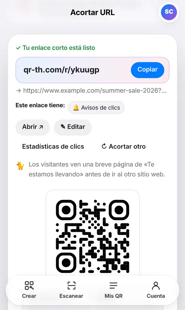 Pantalla de resultado con Tu enlace corto está listo, los botones Copiar, Abrir, Editar y Estadísticas de clics, y el código QR debajo