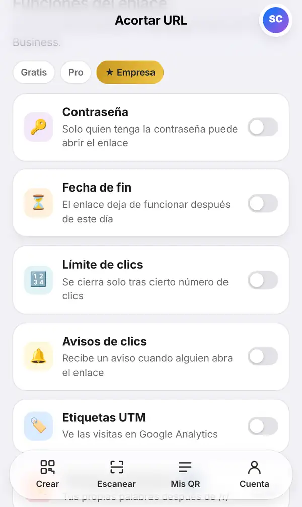Lista Funciones del enlace con interruptores para Contraseña, Fecha de fin, Límite de clics, Avisos de clics, Etiquetas UTM y Final personalizado