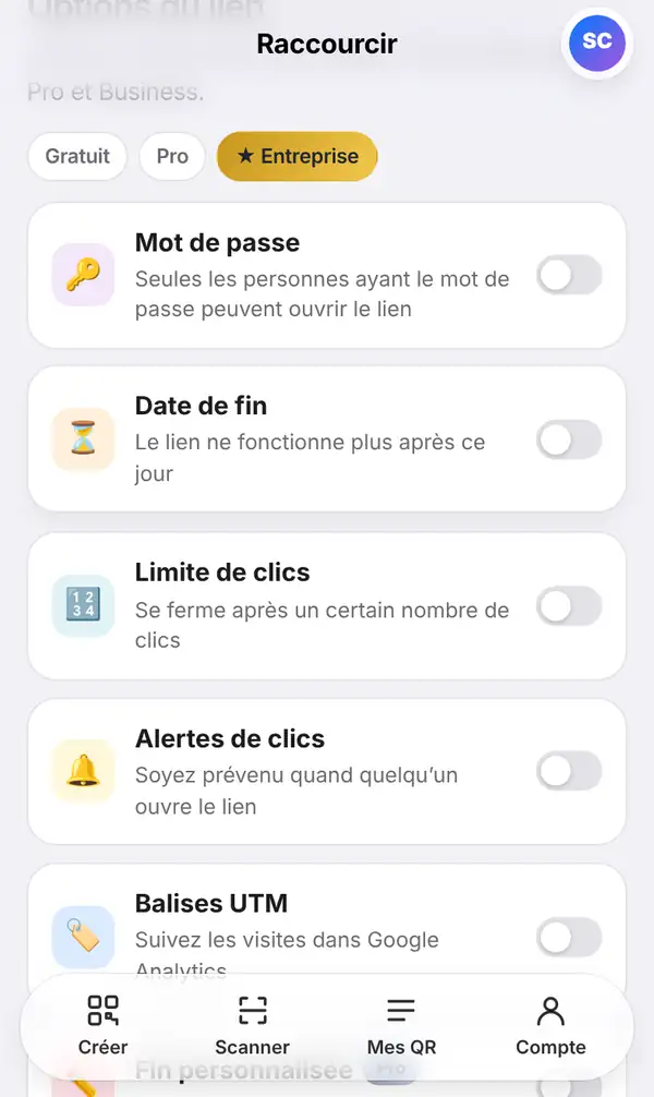 La liste Options du lien avec les interrupteurs Mot de passe, Date de fin, Limite de clics, Alertes de clics, Balises UTM et Fin personnalisée