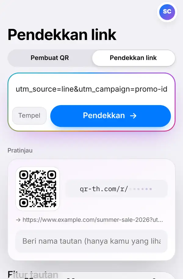 Layar Pendekkan link dengan link panjang yang sudah ditempel, tombol Tempel dan Pendekkan, pratinjau QR dan kolom nama tautan