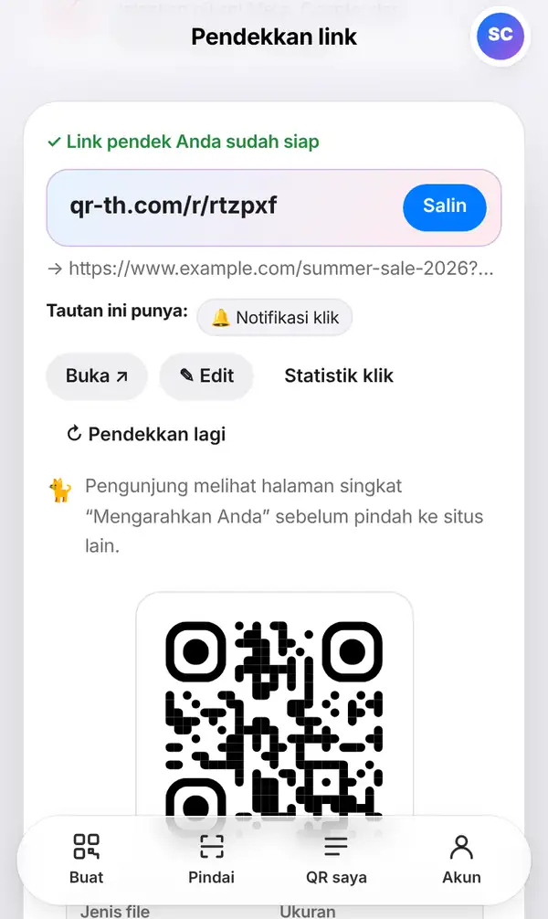 Layar hasil bertuliskan Link pendek Anda sudah siap dengan tombol Salin, Buka, Edit, Statistik klik dan Pendekkan lagi, serta QR code di bawahnya