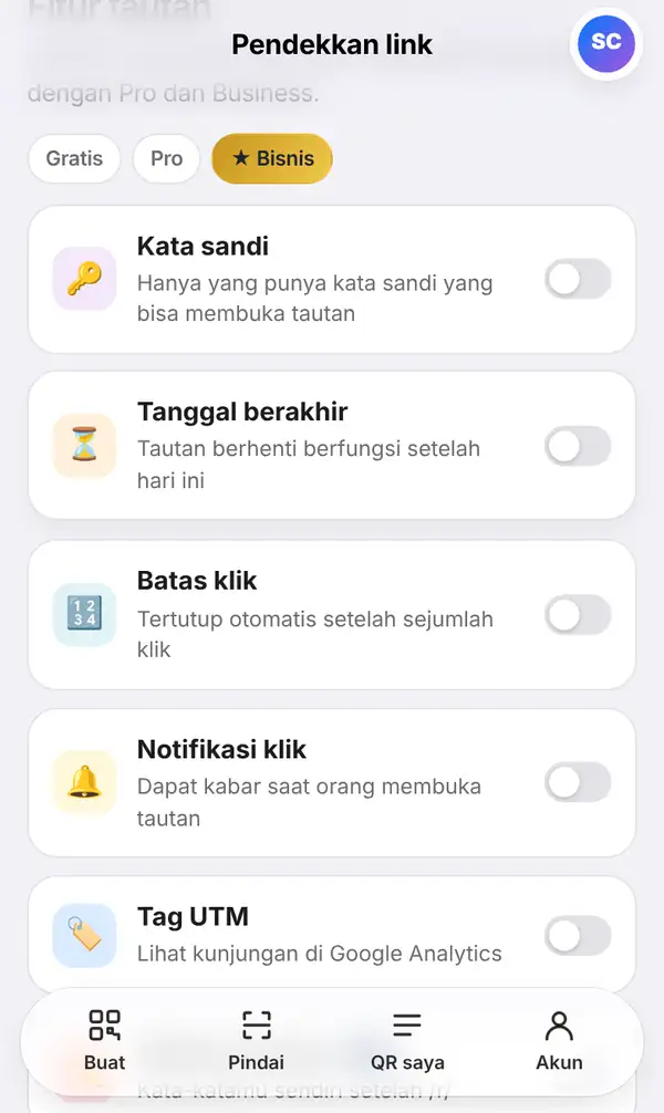 Daftar Fitur tautan dengan sakelar Kata sandi, Tanggal berakhir, Batas klik, Notifikasi klik dan Tag UTM