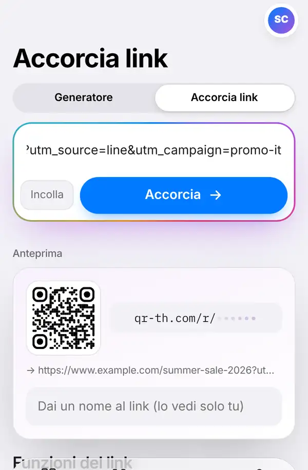 La schermata Accorcia link con un link lungo incollato, i pulsanti Incolla e Accorcia e l'anteprima con il campo per dare un nome al link