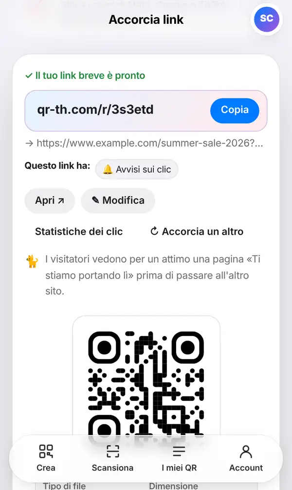 La schermata Il tuo link breve è pronto con i pulsanti Copia, Apri, Modifica e Statistiche dei clic e il QR code più in basso