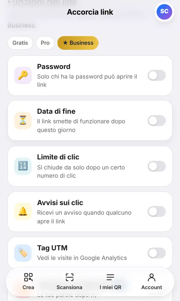 L'elenco Funzioni del link con gli interruttori Password, Data di fine, Limite di clic, Avvisi sui clic, Tag UTM e Finale personalizzato