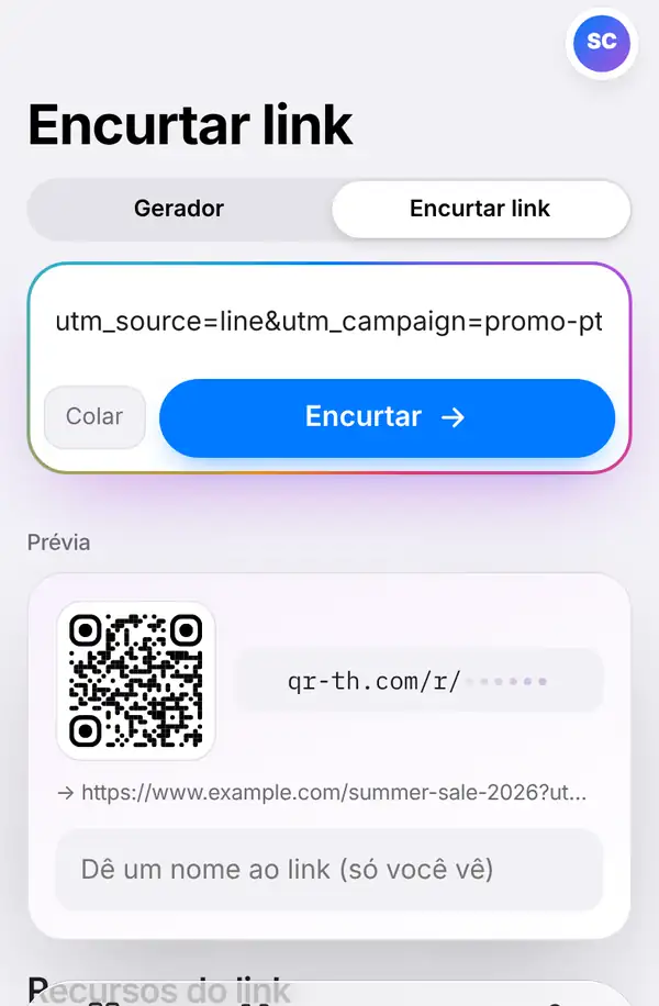 Tela Encurtar link com um link longo colado, os botões Colar e Encurtar e uma prévia com o campo para dar nome ao link