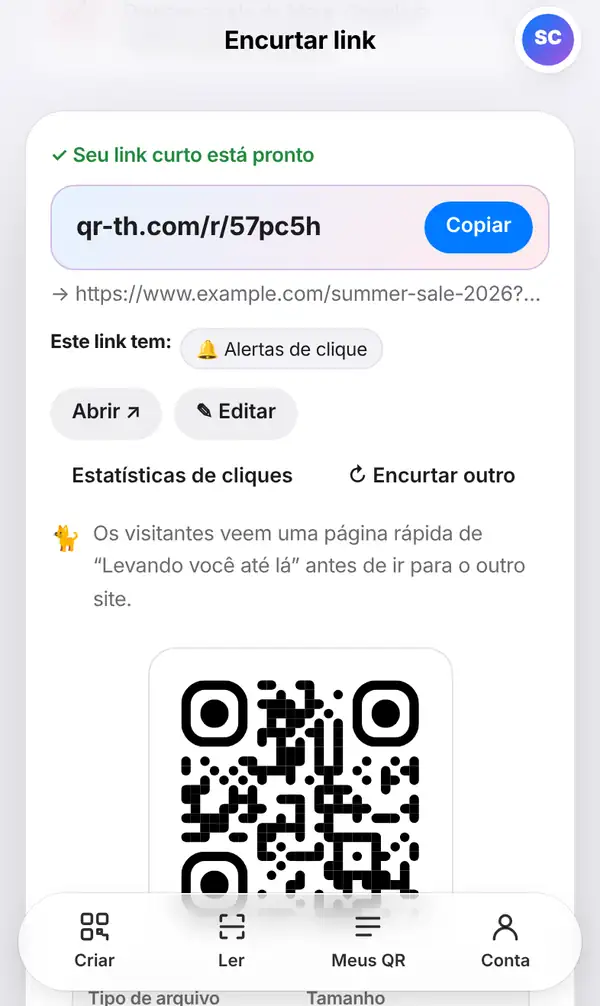 Tela de resultado com Seu link curto está pronto, os botões Copiar, Abrir, Editar e Estatísticas de cliques, e o QR Code embaixo