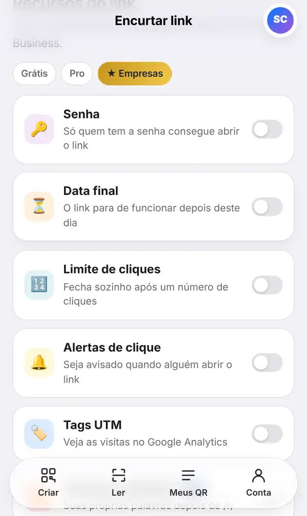Lista Recursos do link com chaves para Senha, Data final, Limite de cliques, Alertas de clique, Tags UTM e Final personalizado