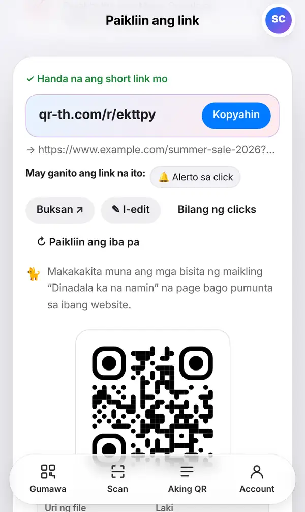 Ang result screen na may Handa na ang short link mo, mga button na Kopyahin, Buksan, I-edit, Bilang ng clicks at Paikliin ang iba pa, at QR code sa ibaba
