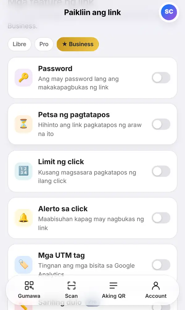 Ang listahan ng Mga feature ng link na may switch para sa Password, Petsa ng pagtatapos, Limit ng click, Alerto sa click at Mga UTM tag