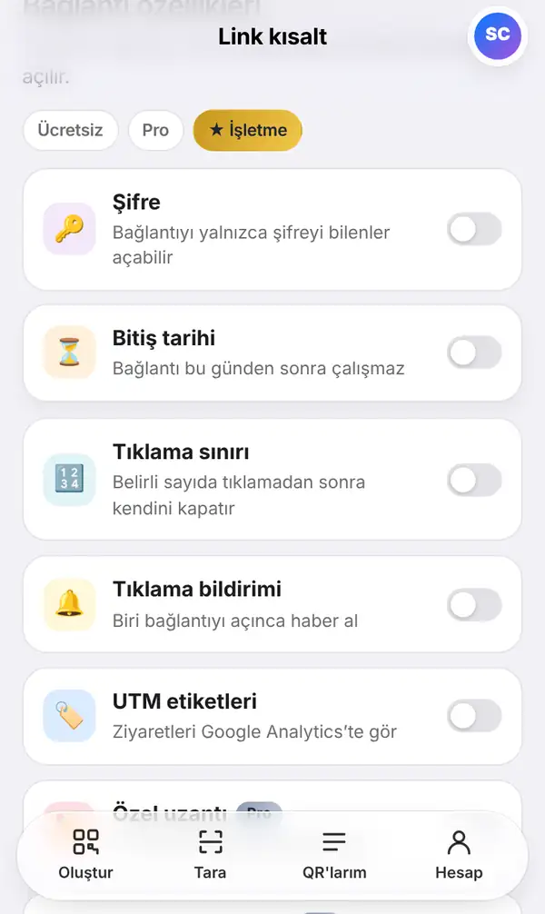Şifre, Bitiş tarihi, Tıklama sınırı, Tıklama bildirimi, UTM etiketleri ve Özel uzantı anahtarlarının bulunduğu Bağlantı özellikleri listesi