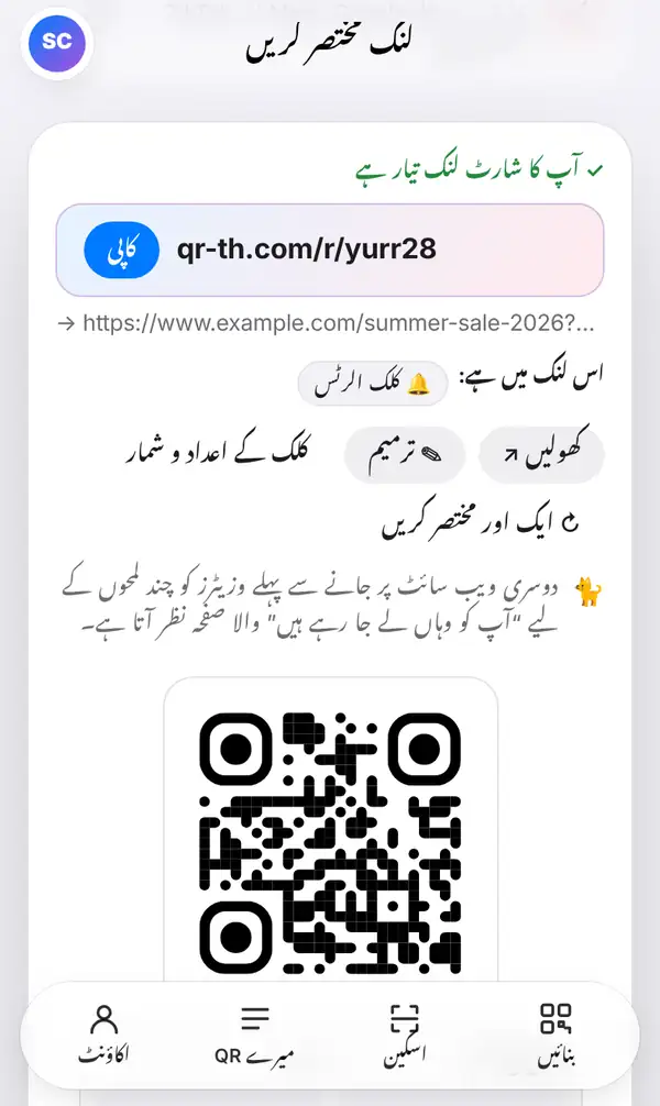 نتیجے کی اسکرین جس پر آپ کا شارٹ لنک تیار ہے لکھا ہے، ساتھ کاپی، کھولیں، ترمیم اور کلک کے اعداد و شمار کے بٹن اور نیچے QR کوڈ ہے