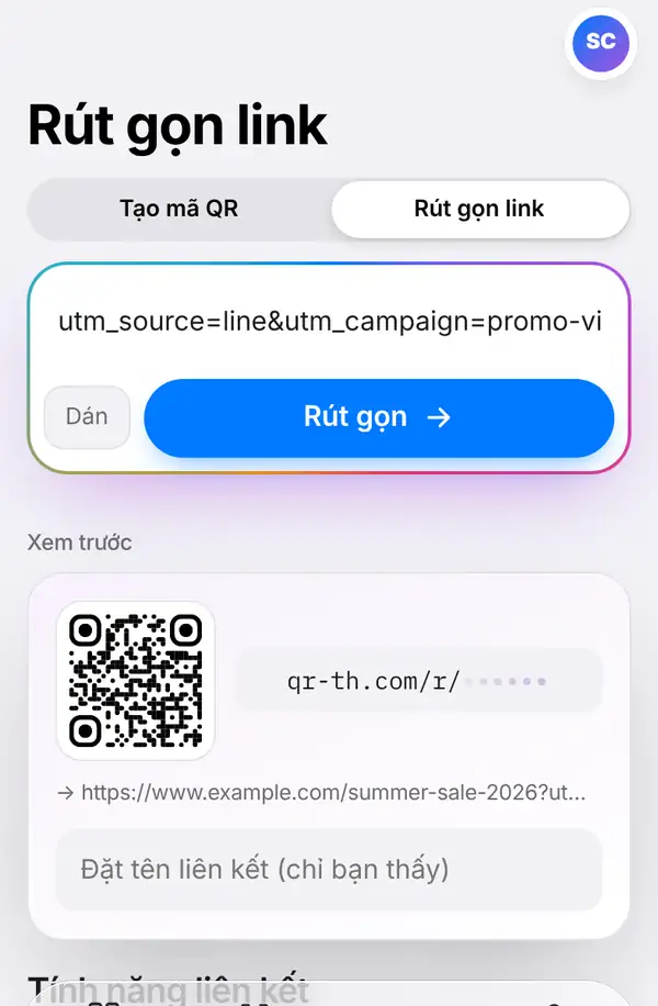 Màn hình Rút gọn link với link dài đã dán, nút Dán và Rút gọn, phần xem trước có ô Đặt tên liên kết