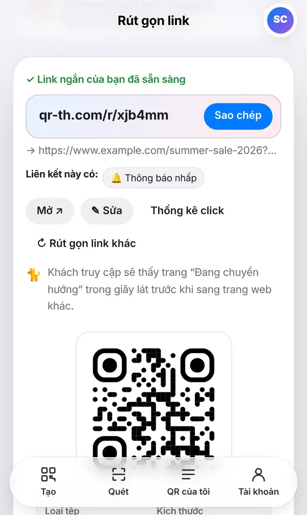 Màn hình kết quả với dòng Link ngắn của bạn đã sẵn sàng, các nút Sao chép, Mở, Sửa, Thống kê click và mã QR bên dưới