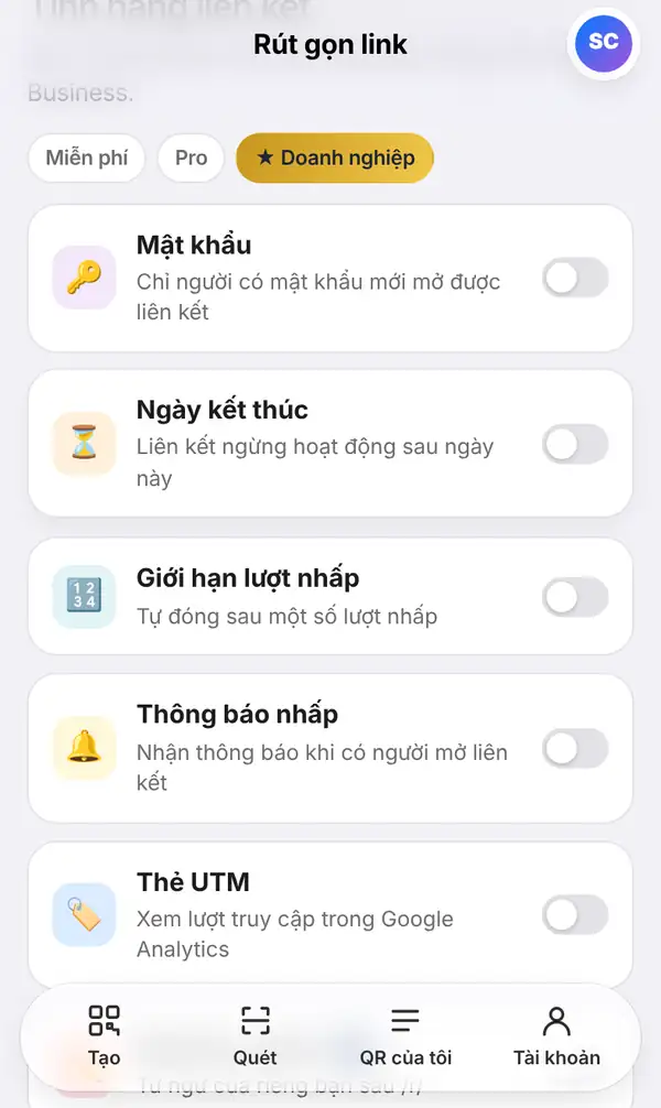 Danh sách Tính năng liên kết với công tắc Mật khẩu, Ngày kết thúc, Giới hạn lượt nhấp, Thông báo nhấp và Thẻ UTM