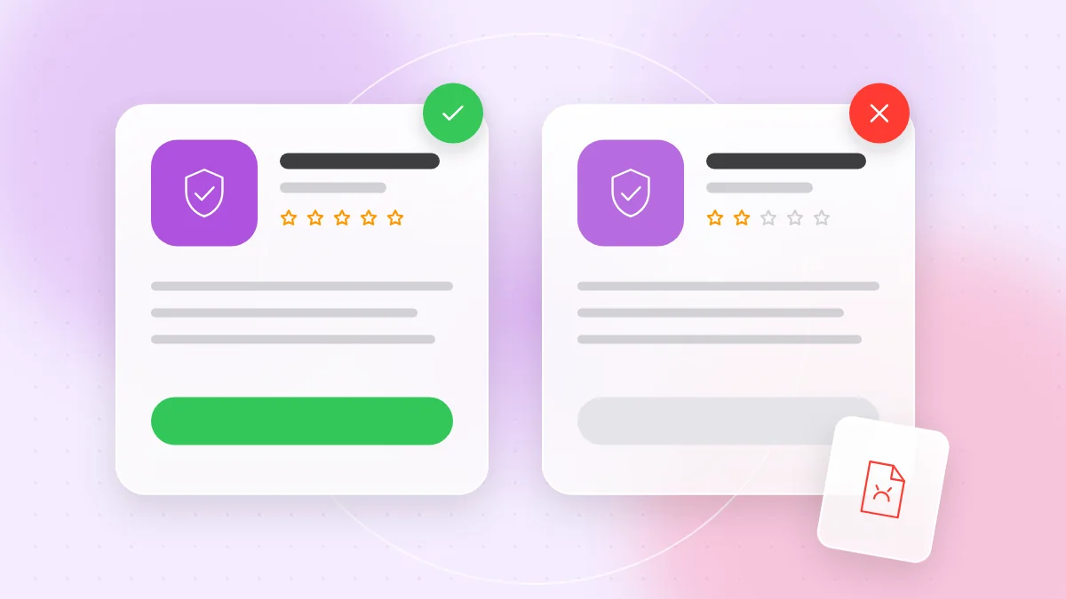 Illustration: two look-alike app icons on a phone screen, one marked with a warning sign