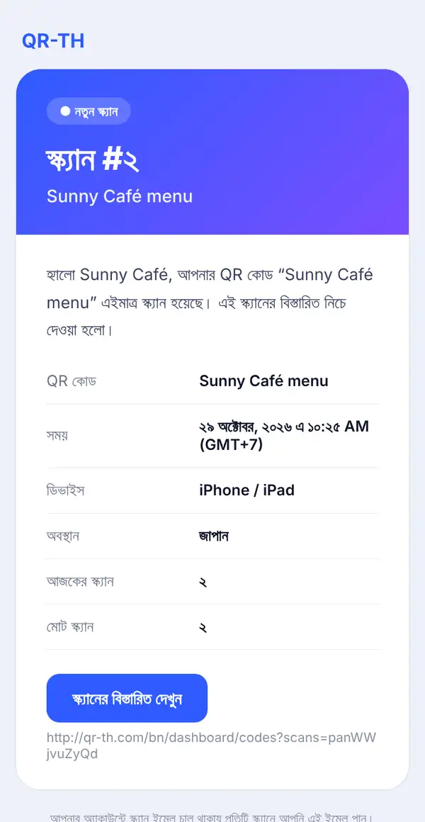 ফোনে স্ক্যানের ইমেইল: নতুন স্ক্যান, স্ক্যান #২, Sunny Café menu, শুভেচ্ছা বার্তা, GMT+7 সহ সময়, ডিভাইস, অবস্থান, আজকের ও মোট স্ক্যান আর স্ক্যানের বিস্তারিত দেখুন বাটন