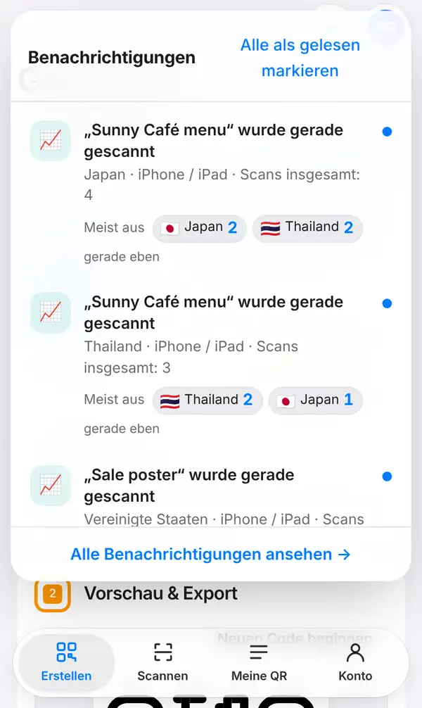 Liste der Glocke Benachrichtigungen auf dem Handy: „Sunny Café menu“ wurde gerade gescannt, mit Land, Gerät, Gesamtzahl der Scans und Herkunftsländern mit Flaggen