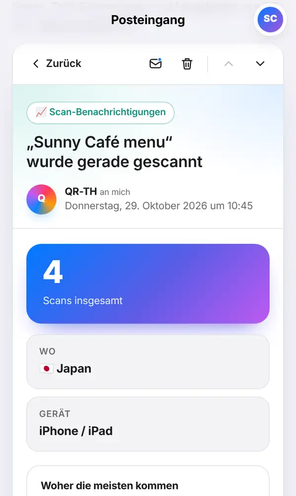 Geöffnete Nachricht im Posteingang: Zurück, ungelesen und Löschen, Label Scan-Benachrichtigungen, vollständiges Datum, groß die Scans insgesamt, dazu Ort und Gerät