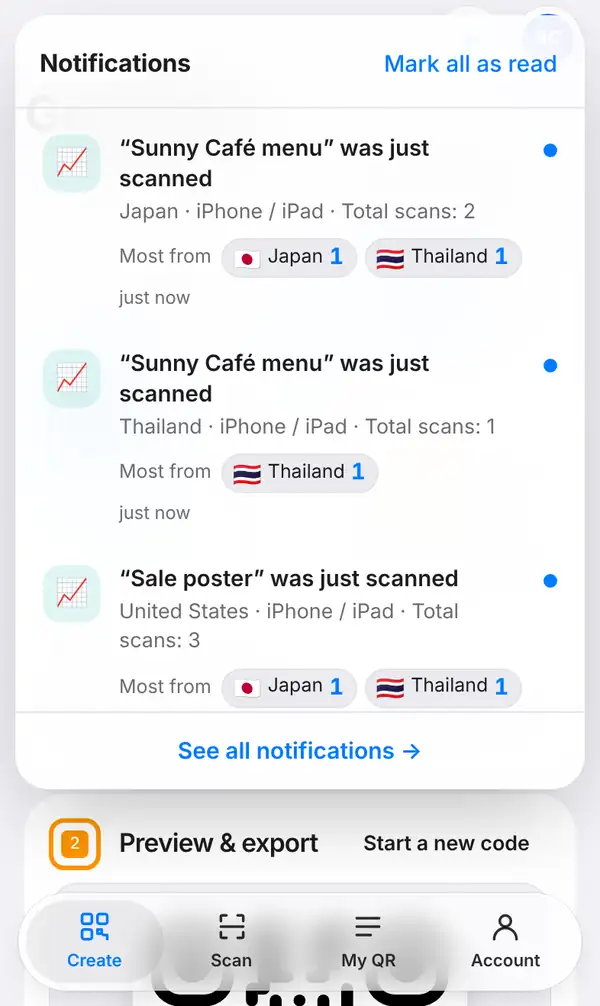 The Notifications bell list on a phone: three scan notices for Sunny Café menu and Sale poster with country, iPhone, total scans and flags