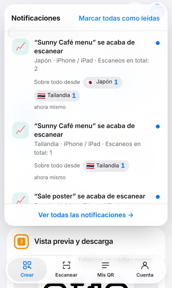 Lista de la campana Notificaciones en un móvil con avisos de que Sunny Café menu se acaba de escanear, país, dispositivo, escaneos en total y países con banderas