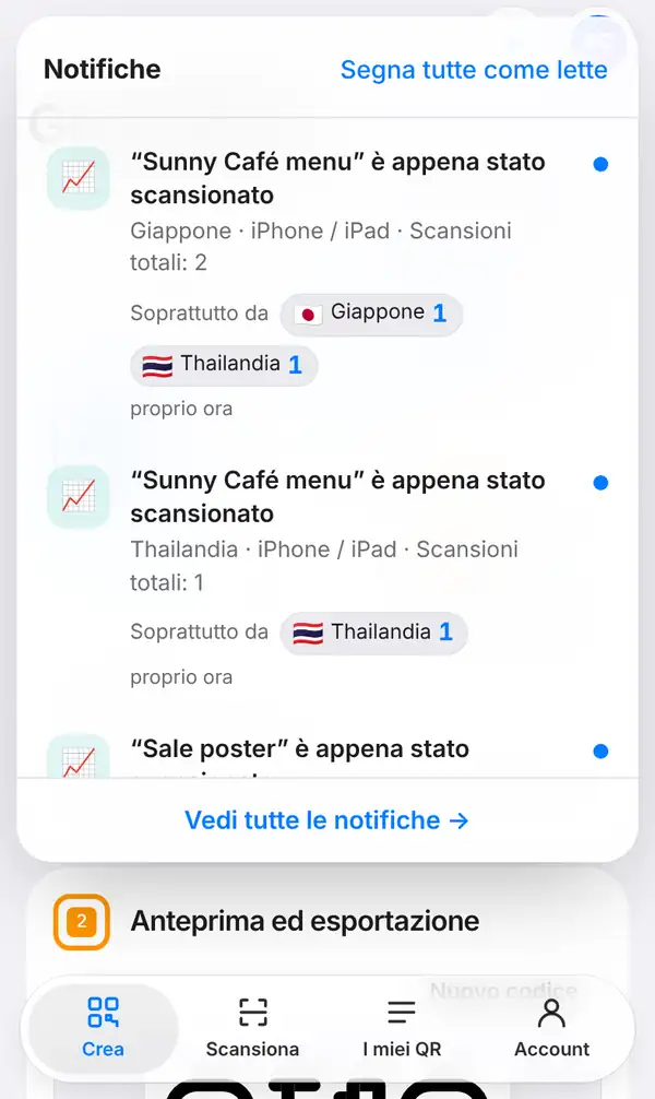 Elenco della campanella Notifiche su smartphone con gli avvisi di scansione di Sunny Café menu, paese, dispositivo, scansioni totali e paesi con le bandiere