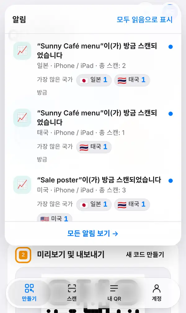 휴대폰에서 연 알림 목록. Sunny Café menu와 Sale poster가 방금 스캔됐다는 알림에 국가, 기기, 총 스캔 수, 가장 많은 국가의 국기가 표시됨