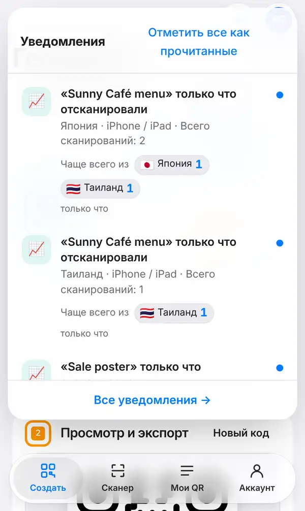 Список колокольчика Уведомления на телефоне: «Sunny Café menu» только что отсканировали, страна, устройство, всего сканирований и страны с флагами