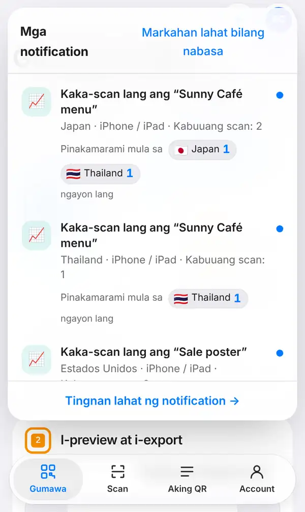 Mga notification sa phone: Kaka-scan lang ang Sunny Café menu, bansa, device, kabuuang scan, mga flag ng Pinakamarami mula sa, at Tingnan lahat ng notification