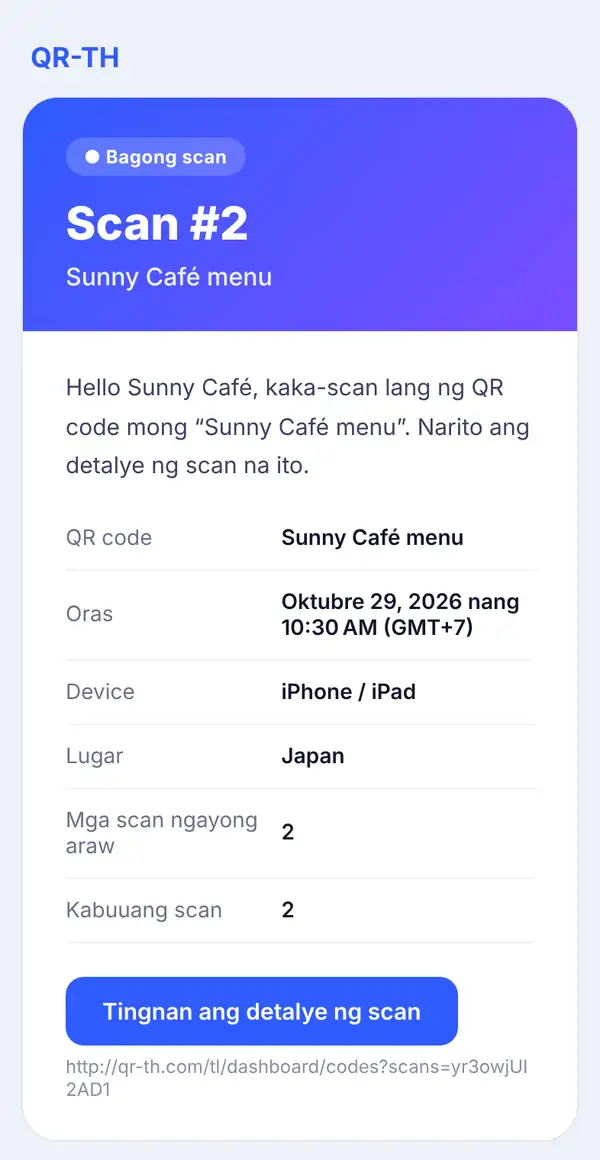 Scan e-mail sa phone: Bagong scan, Scan #2 ng Sunny Café menu, oras na may GMT+7, device, lugar, bilang ng scan at button ng detalye