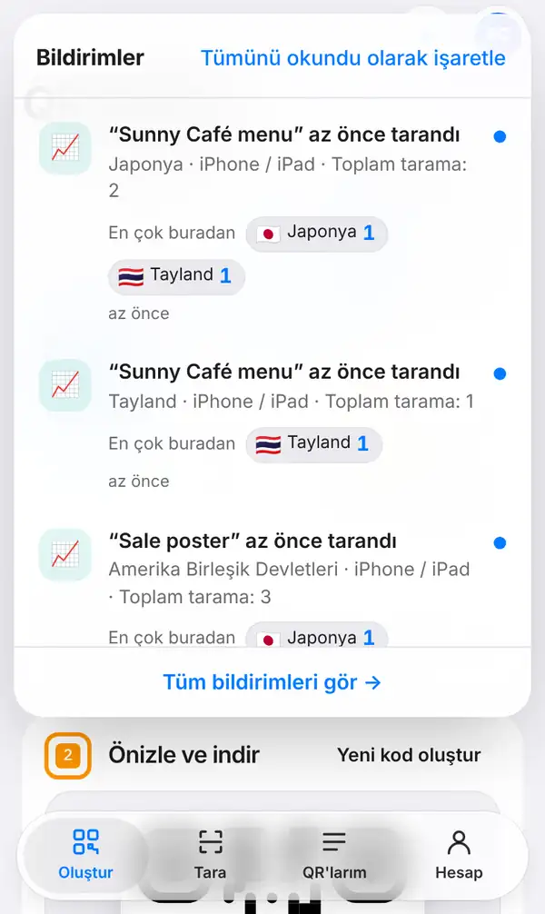 Telefonda Bildirimler listesi: “Sunny Café menu” ve “Sale poster” az önce tarandı; ülke, cihaz, toplam tarama ve bayraklarla en çok buradan bilgisi