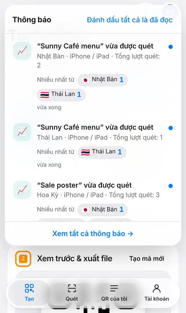 Danh sách Thông báo: Sunny Café menu và Sale poster vừa được quét, kèm quốc gia, thiết bị, tổng lượt quét, cờ Nhiều nhất từ và Xem tất cả thông báo