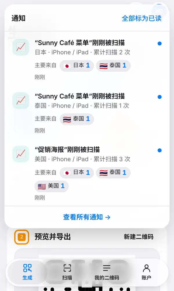 手机上的通知列表：Sunny Café 菜单和促销海报刚刚被扫描，显示国家、设备、累计扫描次数和国旗