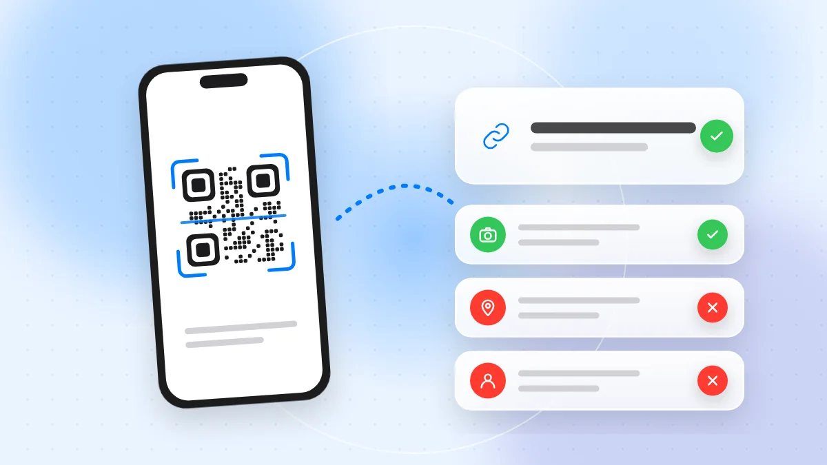 Illustrazione: uno smartphone che scansiona un QR code accanto alla schermata dei permessi dell'app con attiva solo la fotocamera