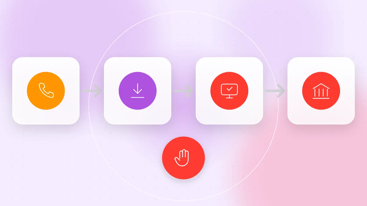 Illustration: a phone on a call with a pop-up asking to allow screen sharing, and a hand ending the call