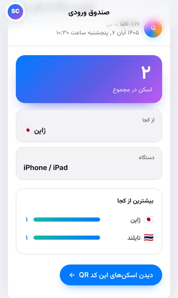 پیام باز در صندوق ورودی: اسکن در مجموع با عدد بزرگ، کارت‌های از کجا و دستگاه، و نوارهای بیشترین از کجا با پرچم ژاپن و تایلند