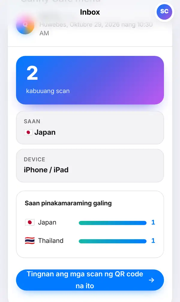 Mensahe sa Inbox na may malaking kabuuang scan, tile na Saan na may flag ng Japan, tile ng Device, at bar ng Saan pinakamaraming galing