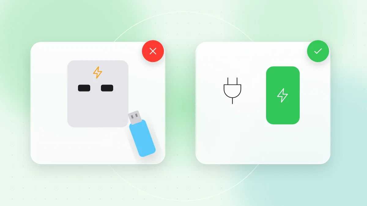 Illustration: a phone charging from a wall socket next to a USB data blocker and a power bank